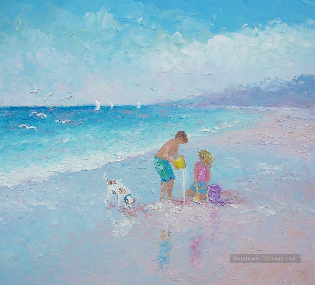 garçon et fille avec Chien sur plage Impressionnisme enfant Peintures à l'huile